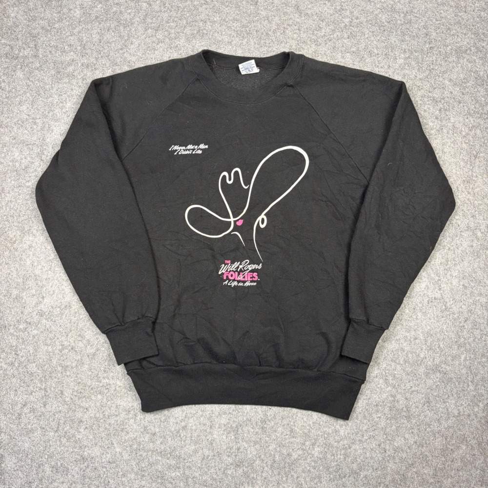 Vintage 90s Anvil Will Rogers Follies Sweatshirt Mens Large Black Made in USA